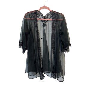 Vintage 70s Sheer Lace Trim Bedroom Jacket Size Medium Black Whimsy Fairy Goth